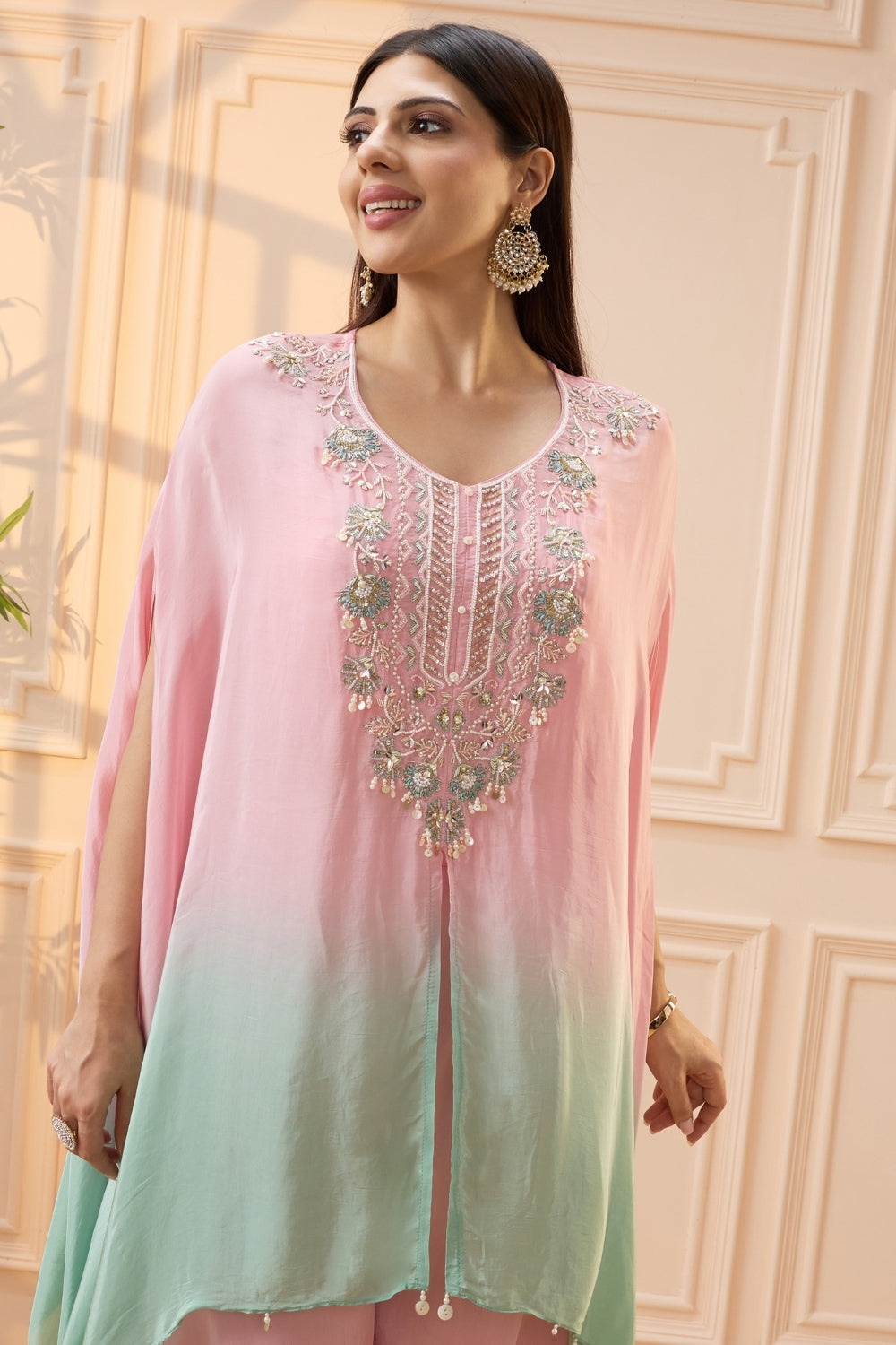 Pink and Green Ombre Crepe Silk Palazzo Set with Zardosi Work
