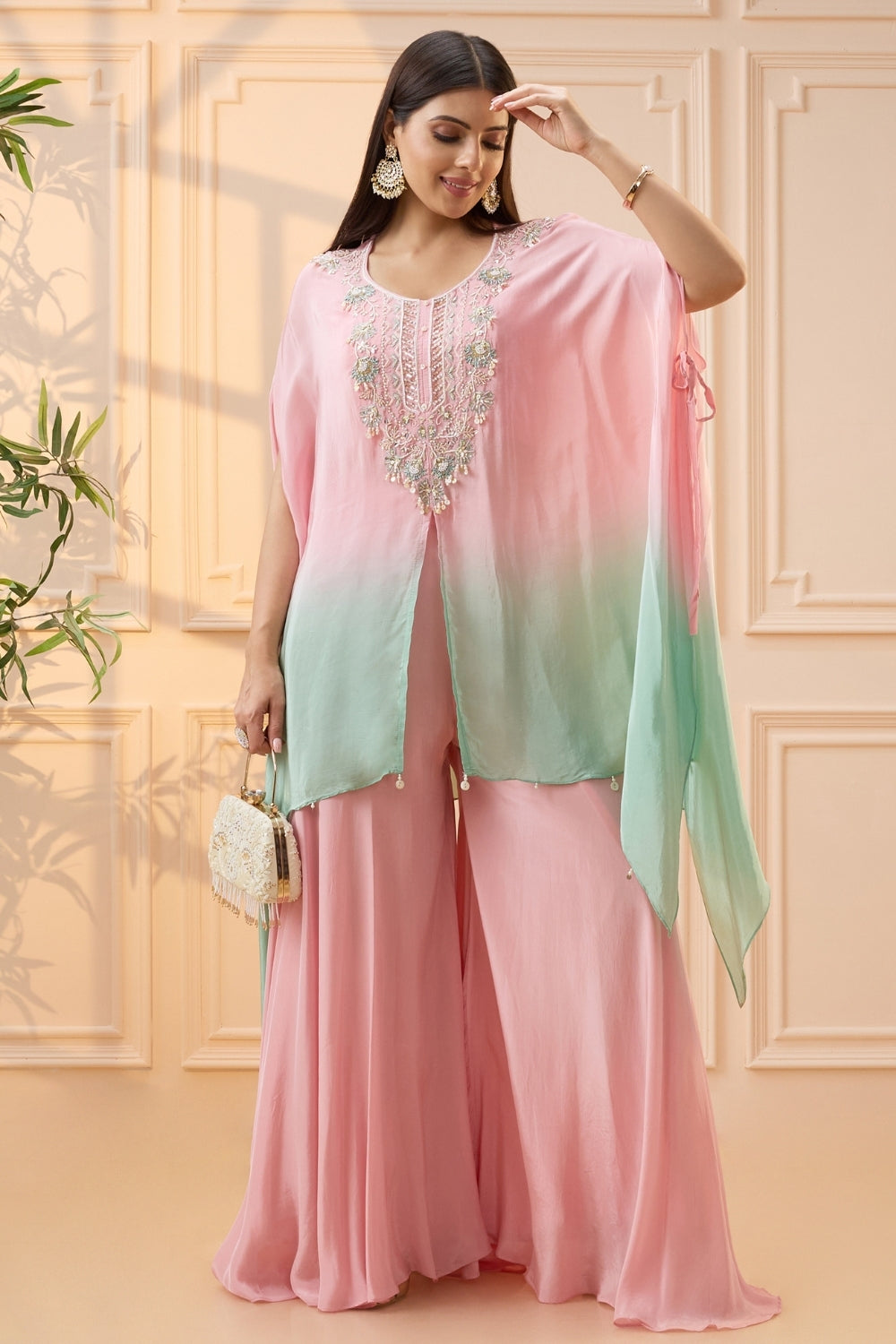 Pink and Green Ombre Crepe Silk Palazzo Set with Zardosi Work
