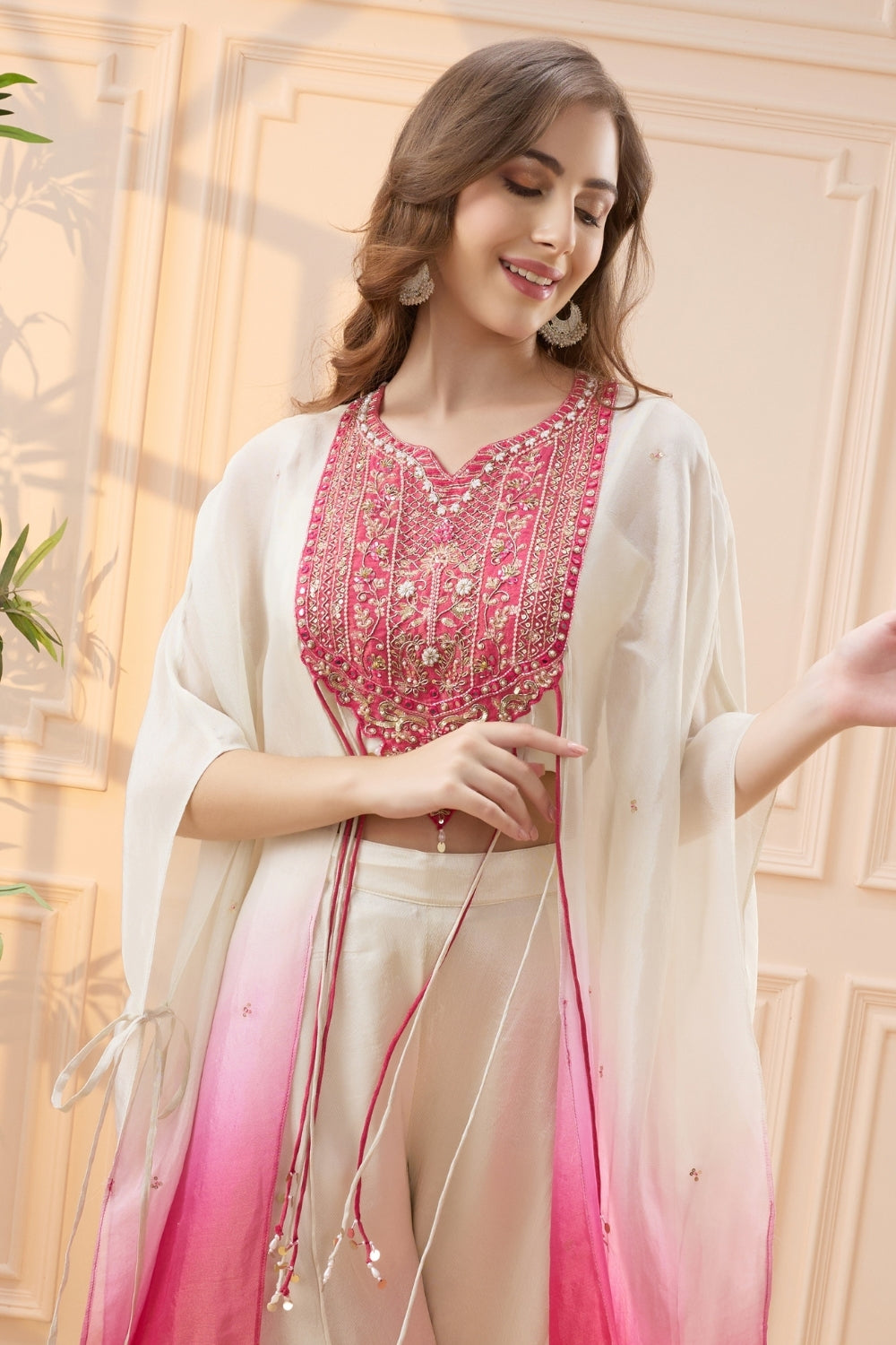 Pink and Off White Chiffon Palazzo Set with Cutdana and Moti Work