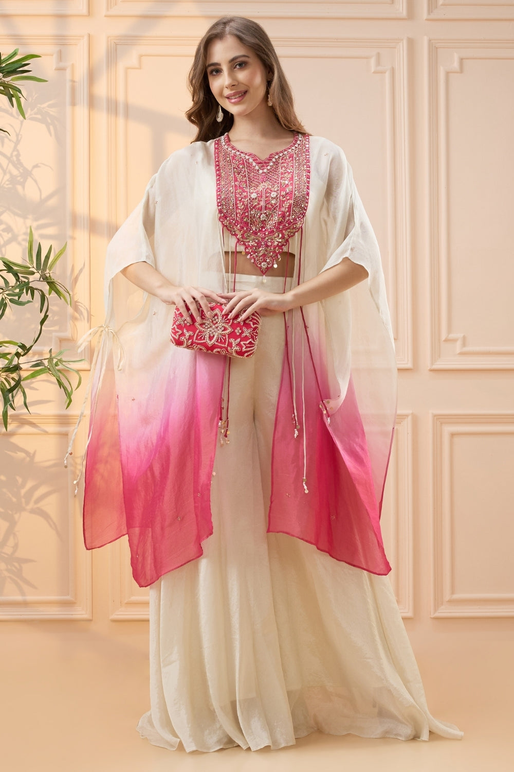 Pink and Off White Chiffon Palazzo Set with Cutdana and Moti Work