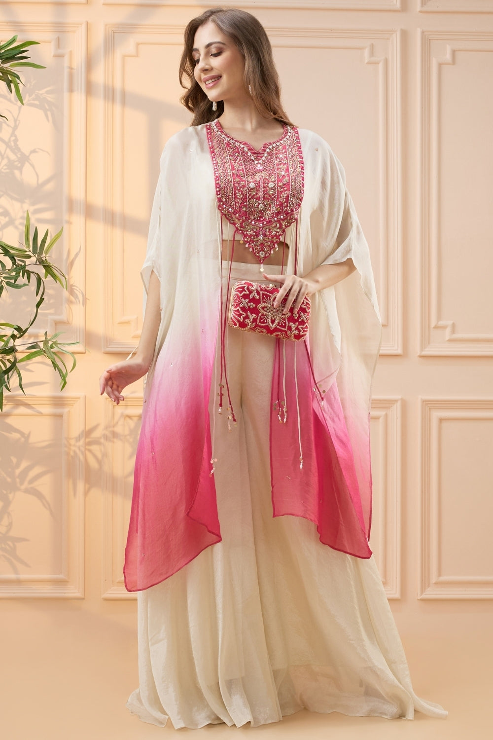 Pink and Off White Chiffon Palazzo Set with Cutdana and Moti Work