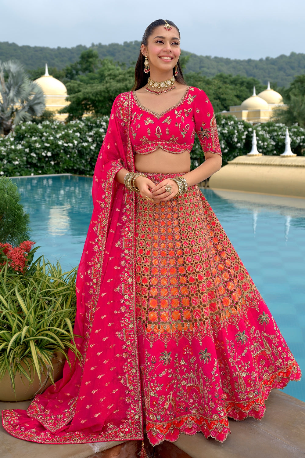 Pink and Orange Silk Lehenga Set with Zardosi and Sequins Work