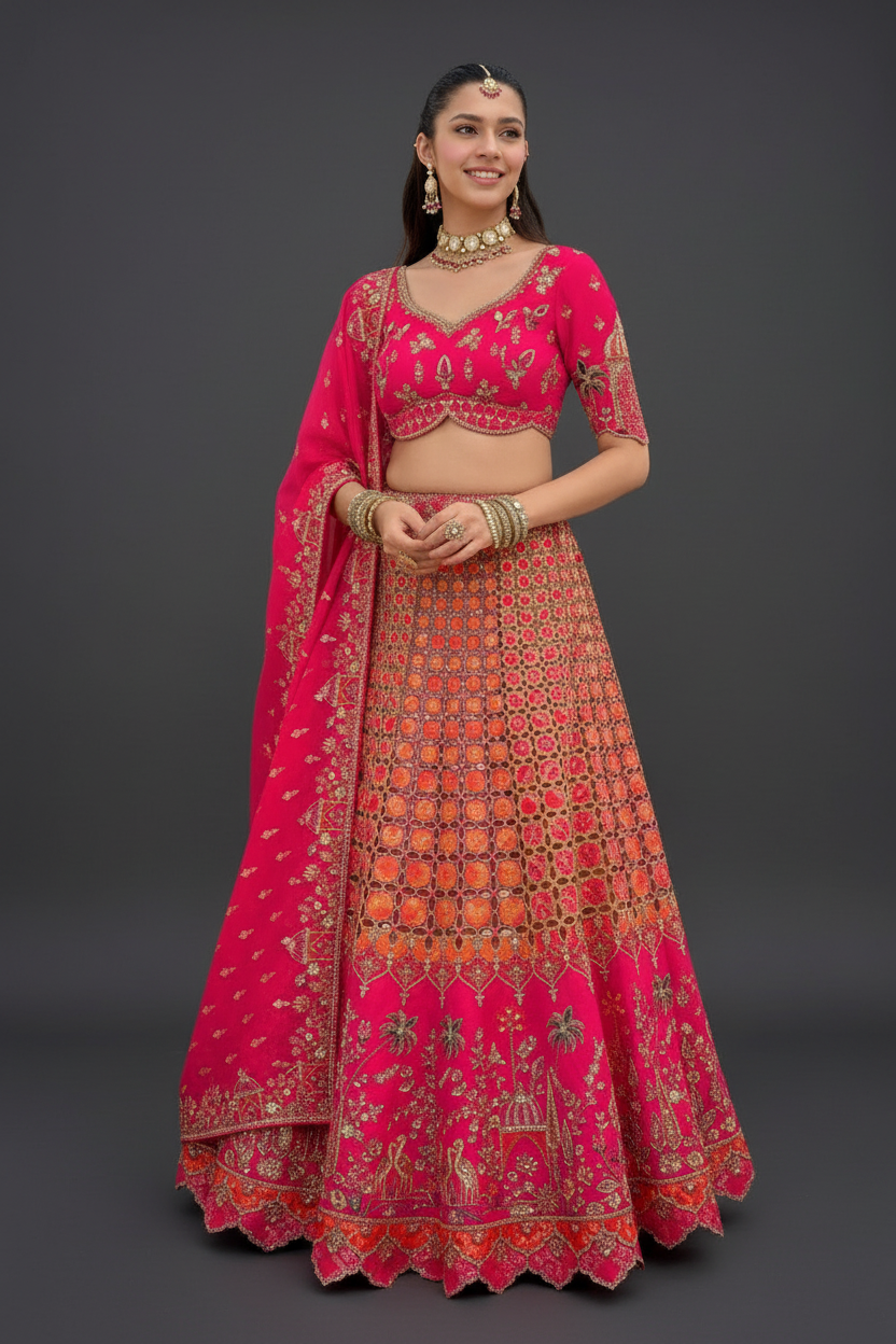 Pink and Orange Silk Lehenga Set with Zardosi and Sequins Work