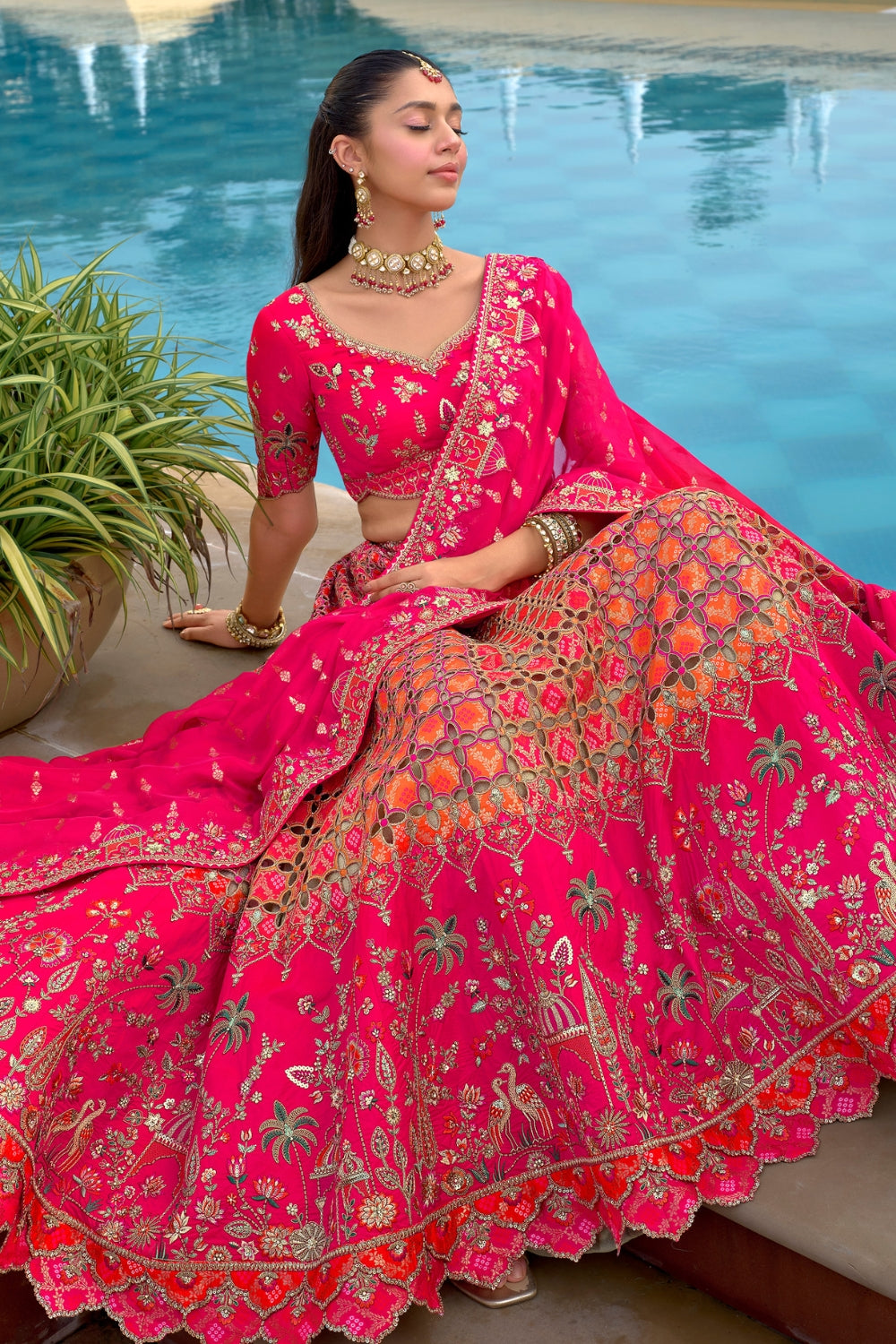 Pink and Orange Silk Lehenga Set with Zardosi and Sequins Work