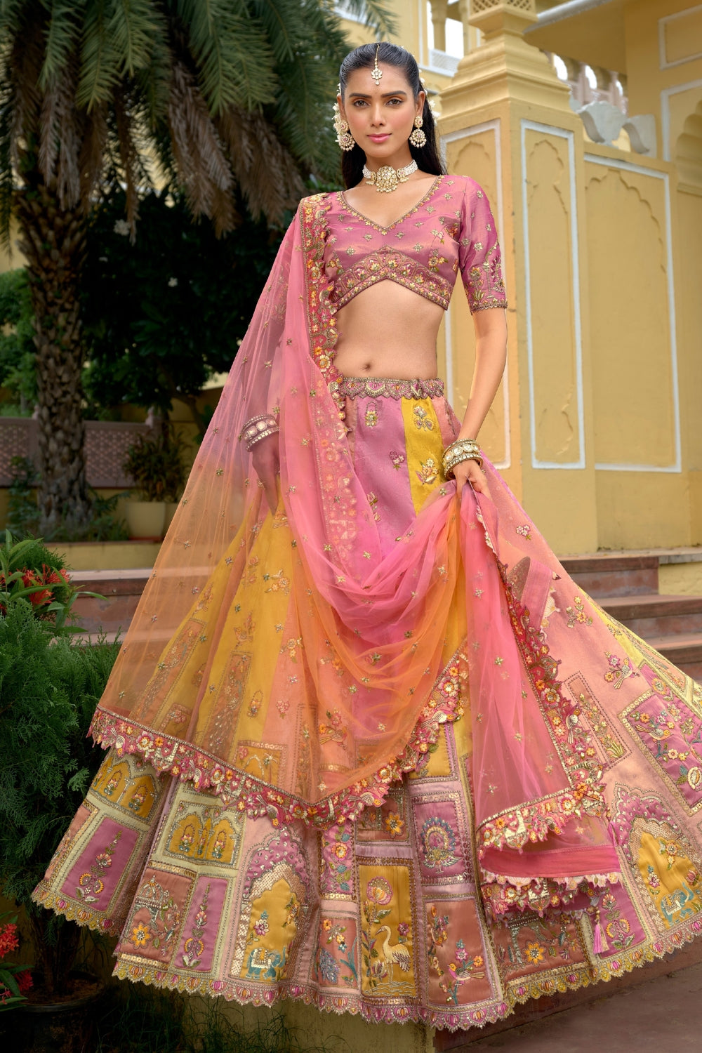 Pink and Yellow Silk Lehenga Set with Stone and Sequins Work