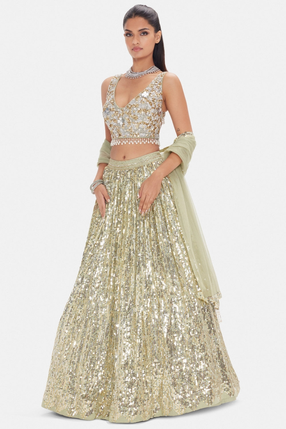 Pista Green Georgette Lehenga Set with Cutdana and Moti Work