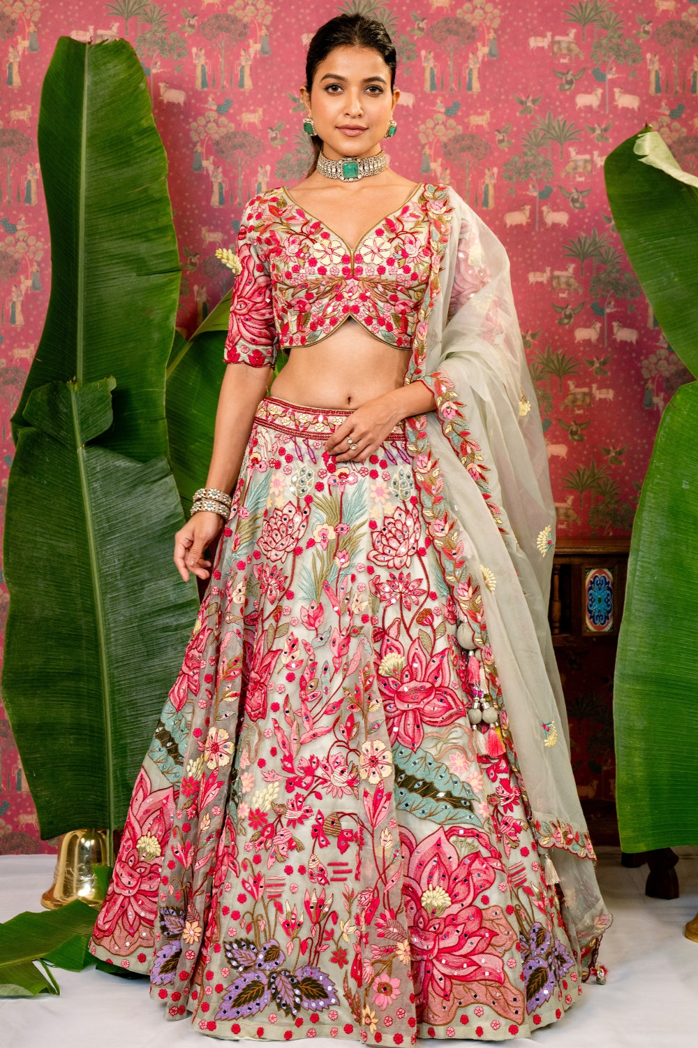 Pista Green Organza Lehenga Choli Set with Mirror and Resham Embroidery
