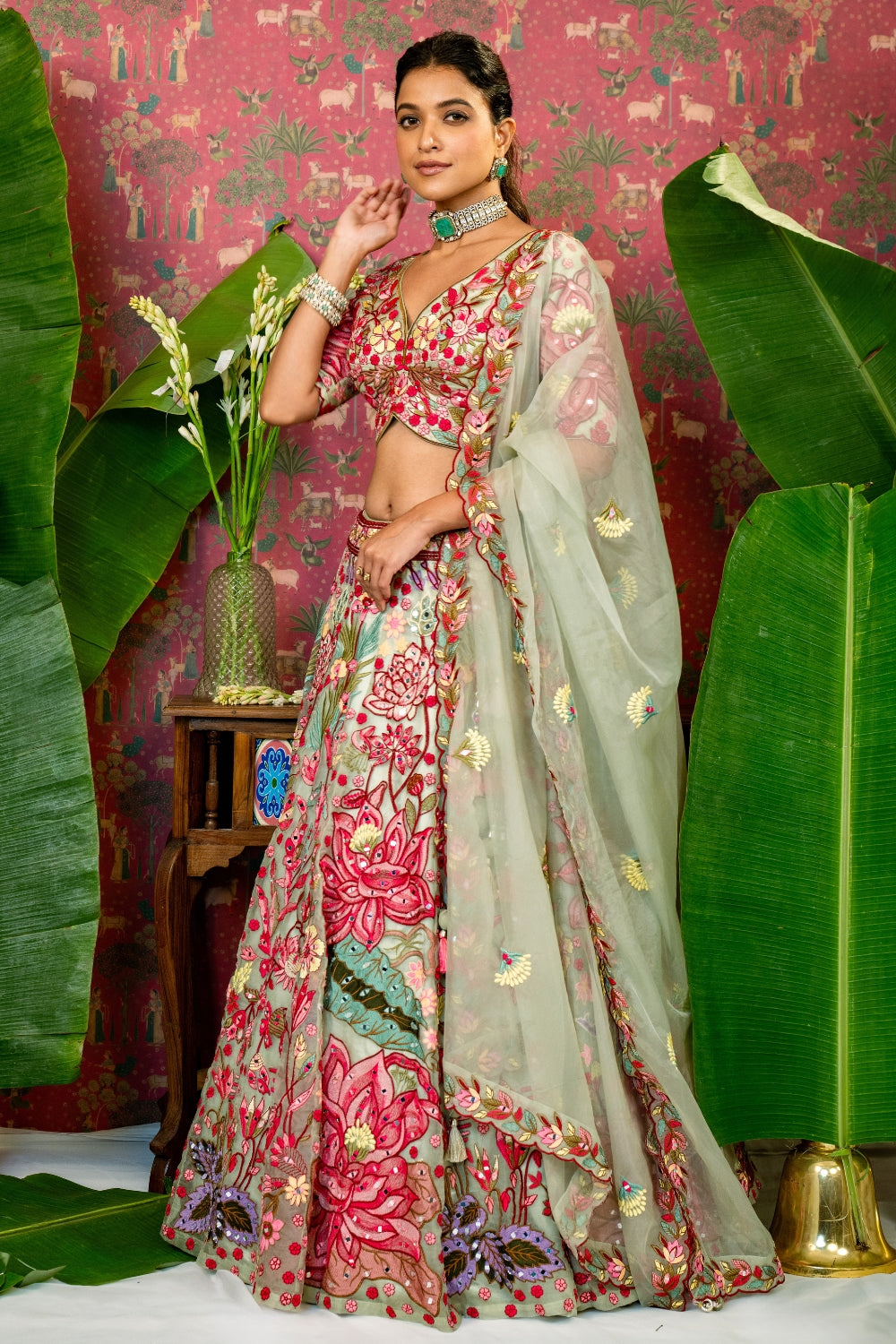 Pista Green Organza Lehenga Choli Set with Mirror and Resham Embroidery