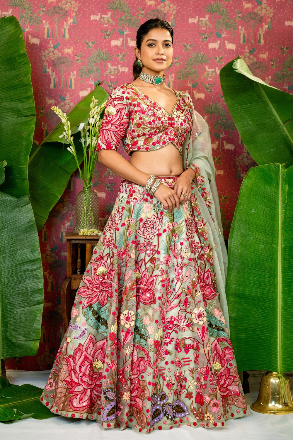 Pista Green Organza Lehenga Choli Set with Mirror and Resham Embroidery
