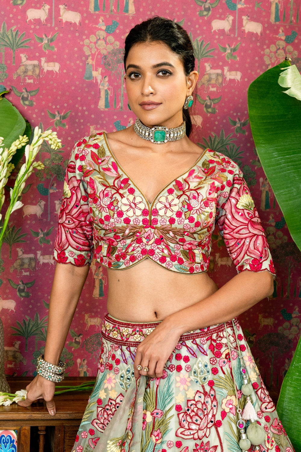 Pista Green Organza Lehenga Choli Set with Mirror and Resham Embroidery