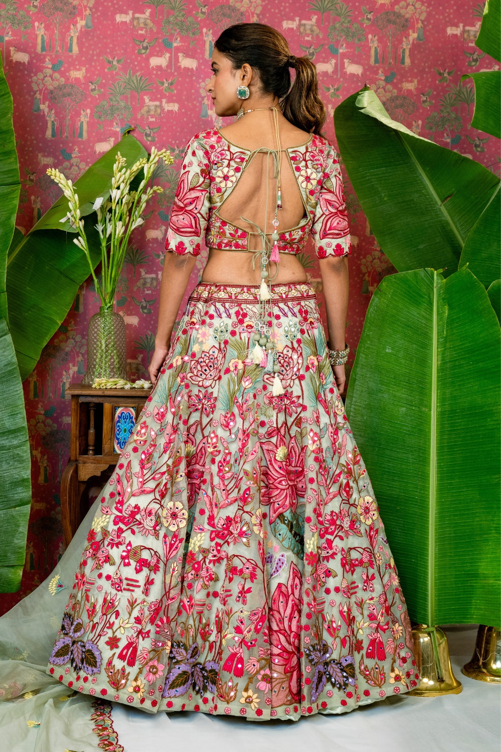 Pista Green Organza Lehenga Choli Set with Mirror and Resham Embroidery
