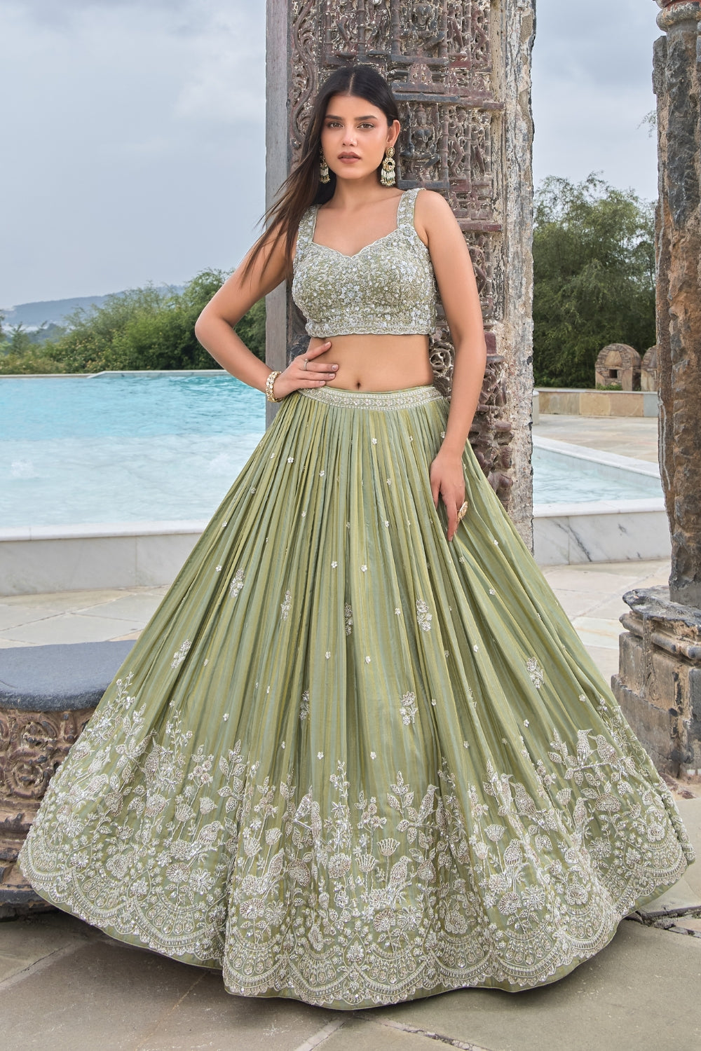 Pista Green Silk Tissue Lehenga Set with Embroidery and Cutdana Work