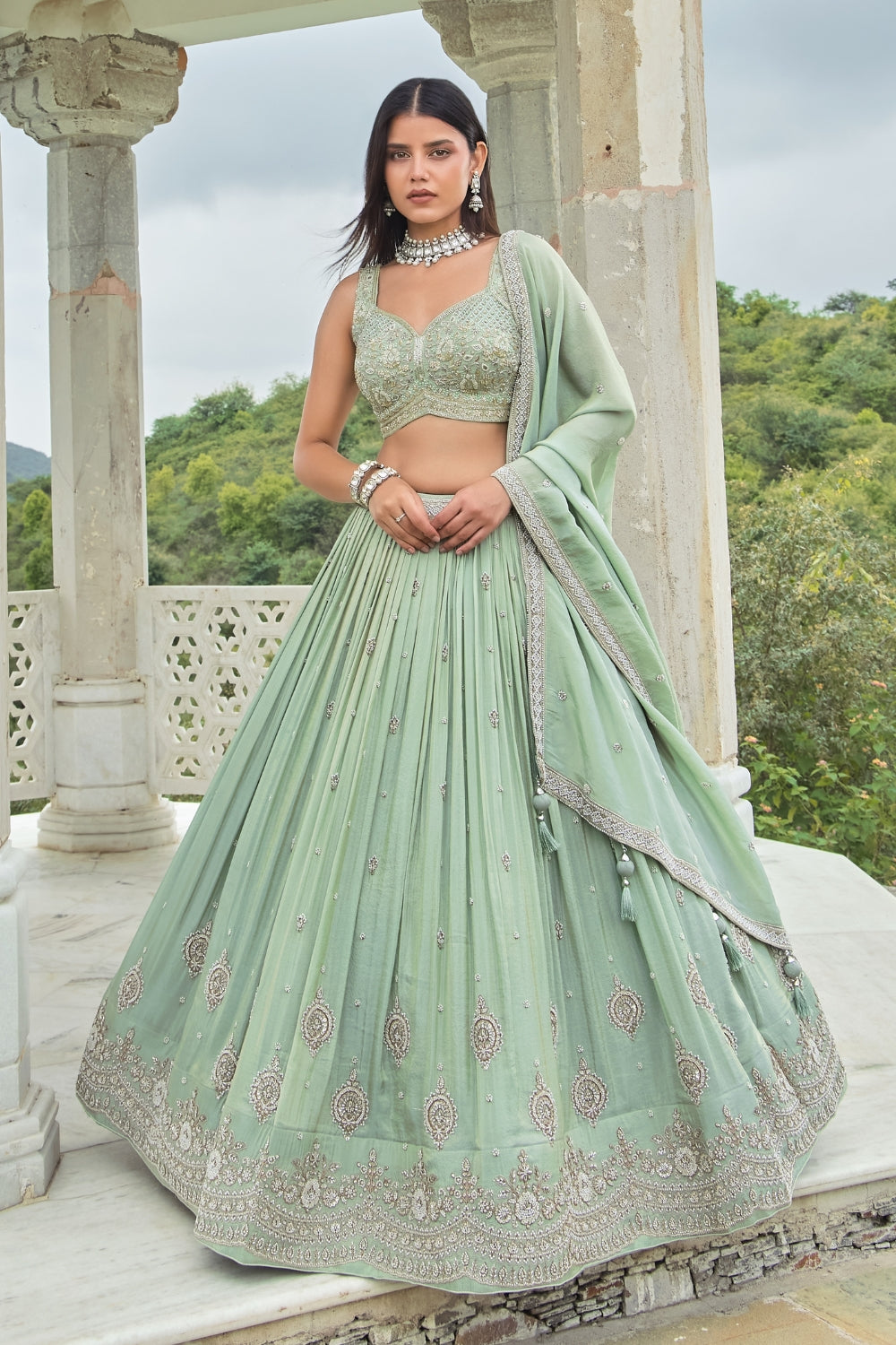 Pista Green Tissue Lehenga Set with Zardosi and Moti Work