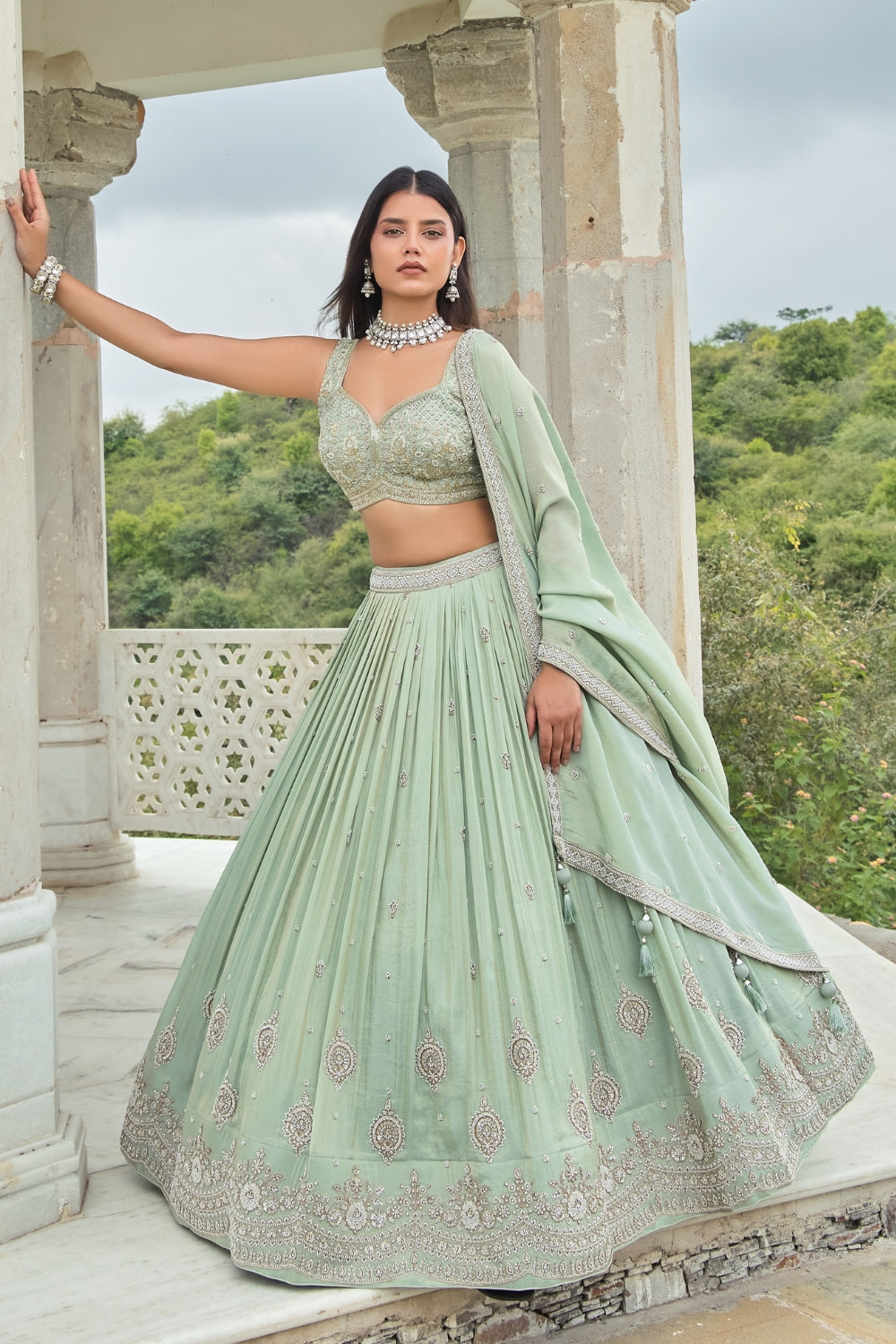 Pista Green Tissue Lehenga Set with Zardosi and Moti Work
