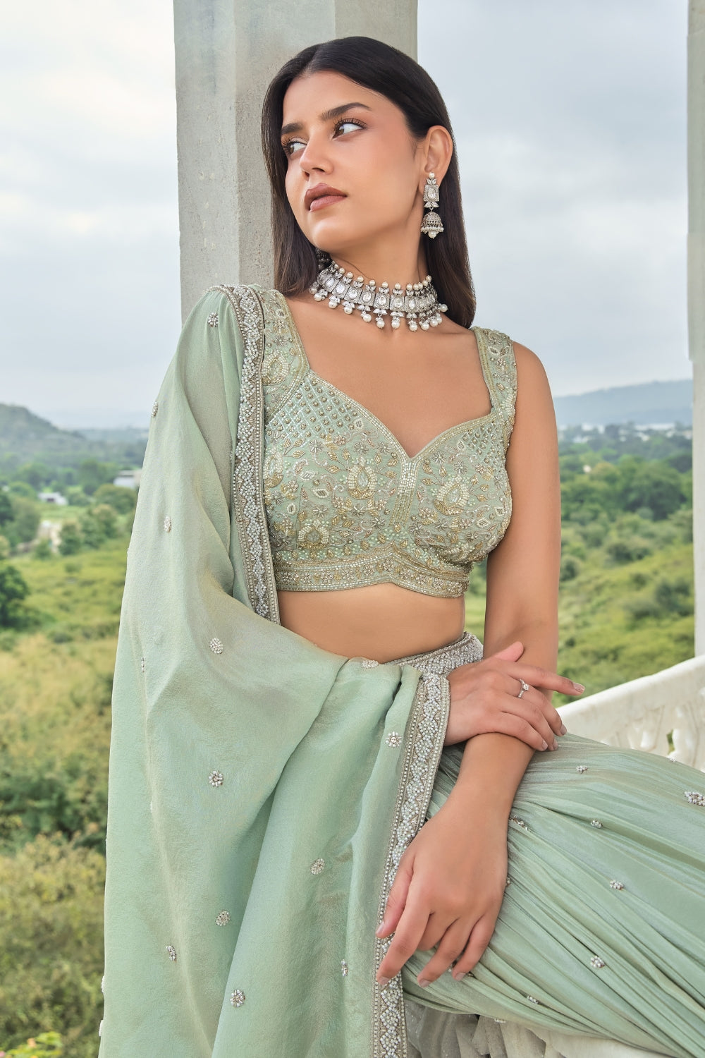 Pista Green Tissue Lehenga Set with Zardosi and Moti Work
