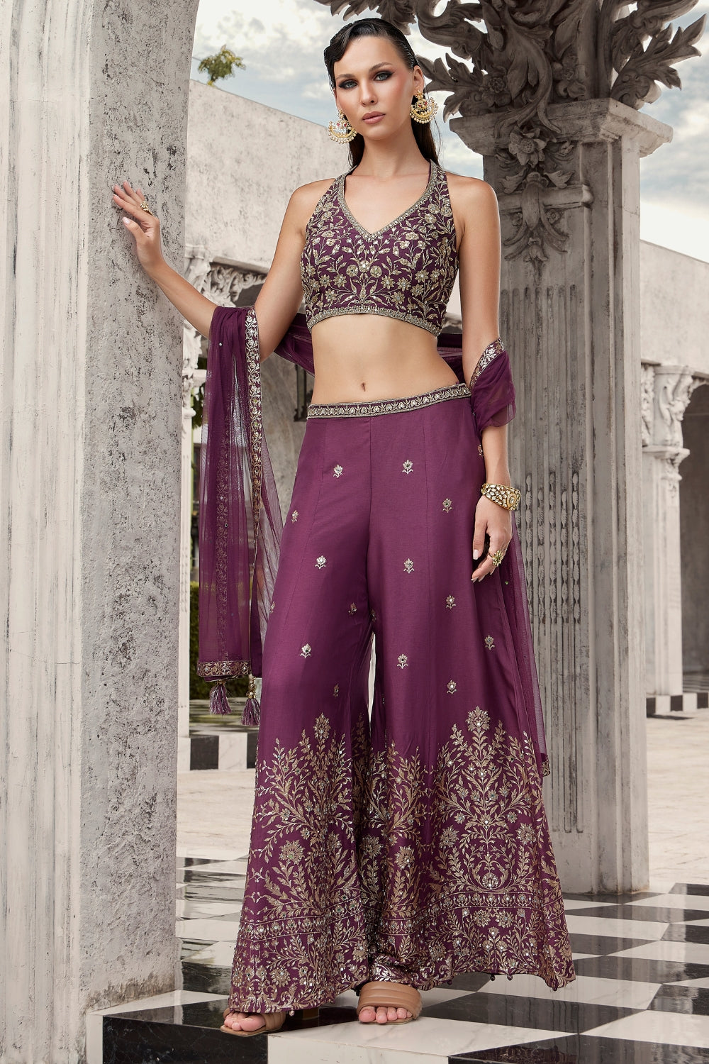 Plum Silk Palazzo Set with Mirror and Sequins Work