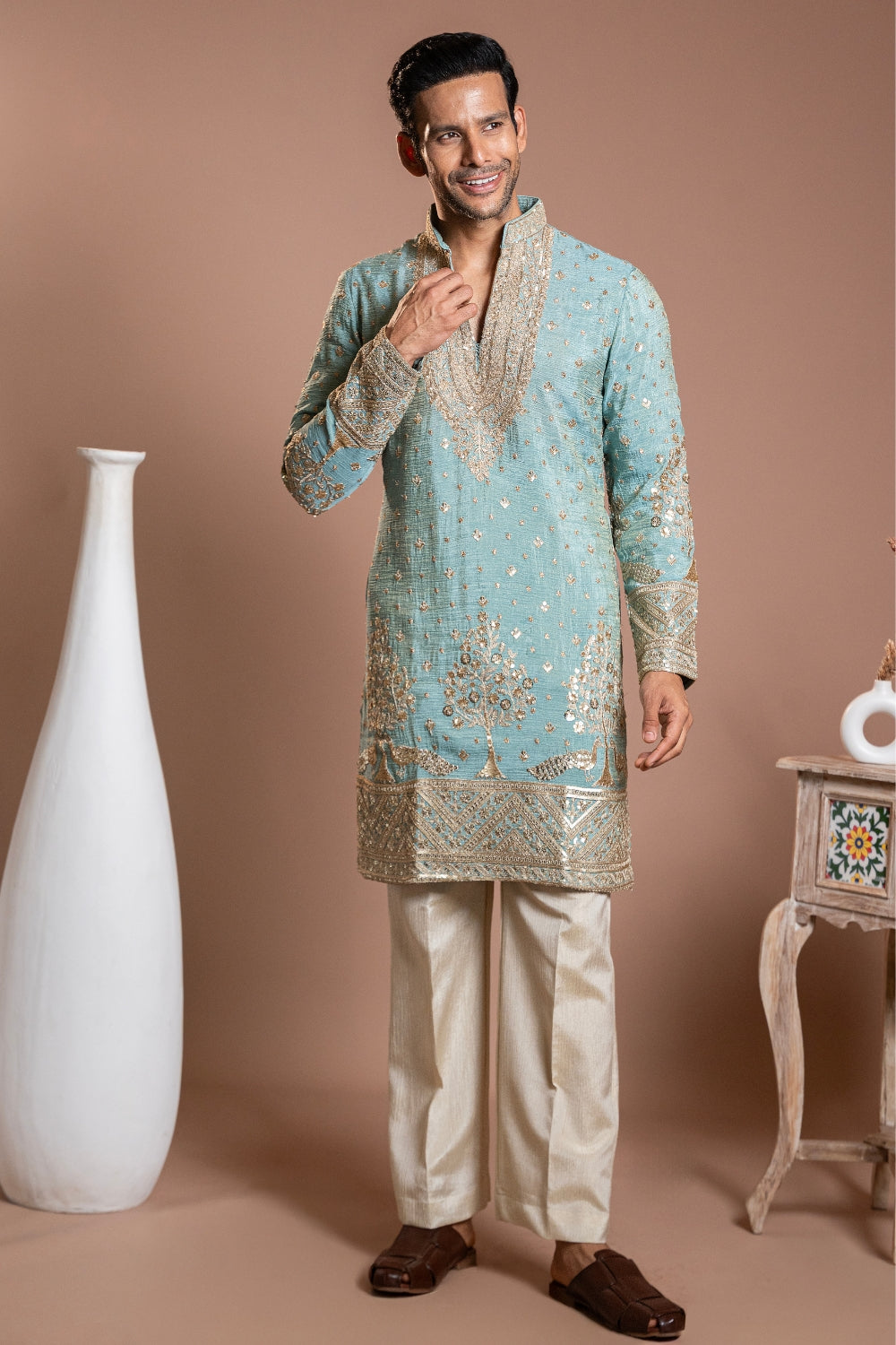 Powder Blue Crepe Silk Kurta Set with Resham Embroidery
