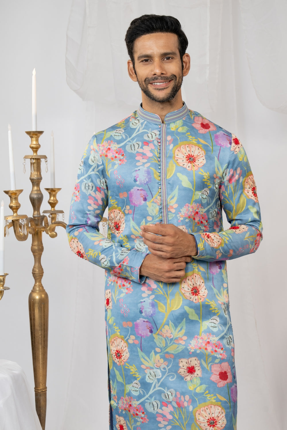 Powder Blue Crepe Silk Printed Kurta Set with Cutdana and Sequins Work