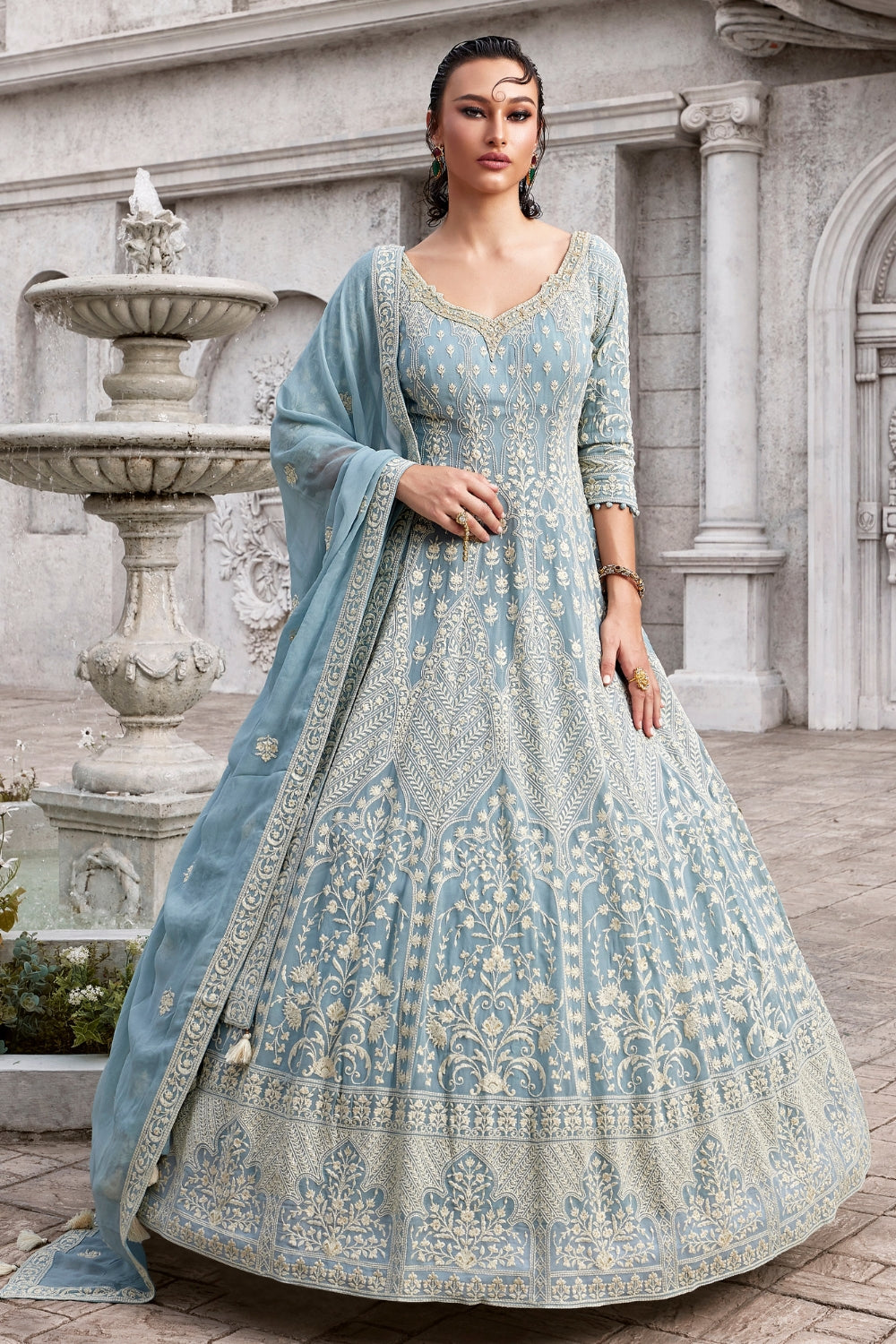 Powder Blue Georgette Anarkali Set with Moti and Cutdana Work