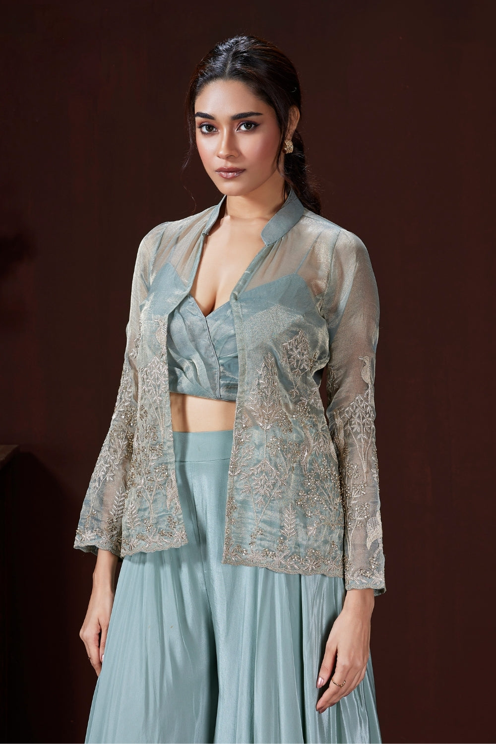 Powder Blue Organza Palazzo Set with Cutdana and Moti Work