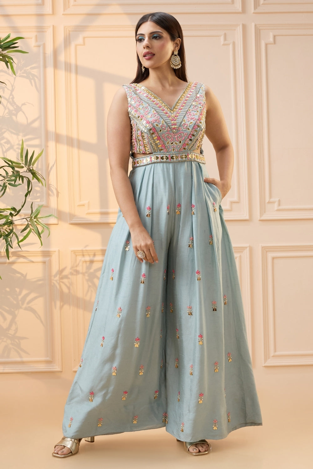 Powder Blue Silk Palazzo Set with Cutdana and Moti Work