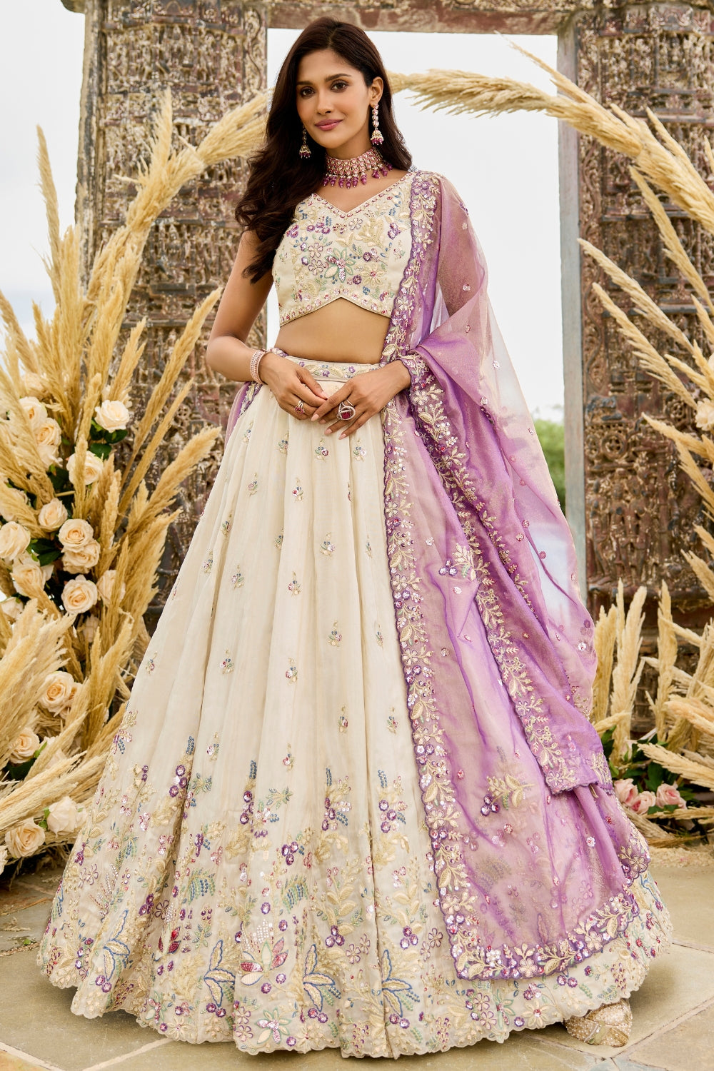Purple Tissue Lehenga Choli with Resham Embroidery and Sequins Work