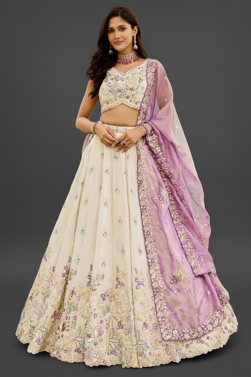 Purple Tissue Lehenga Choli with Resham Embroidery and Sequins Work