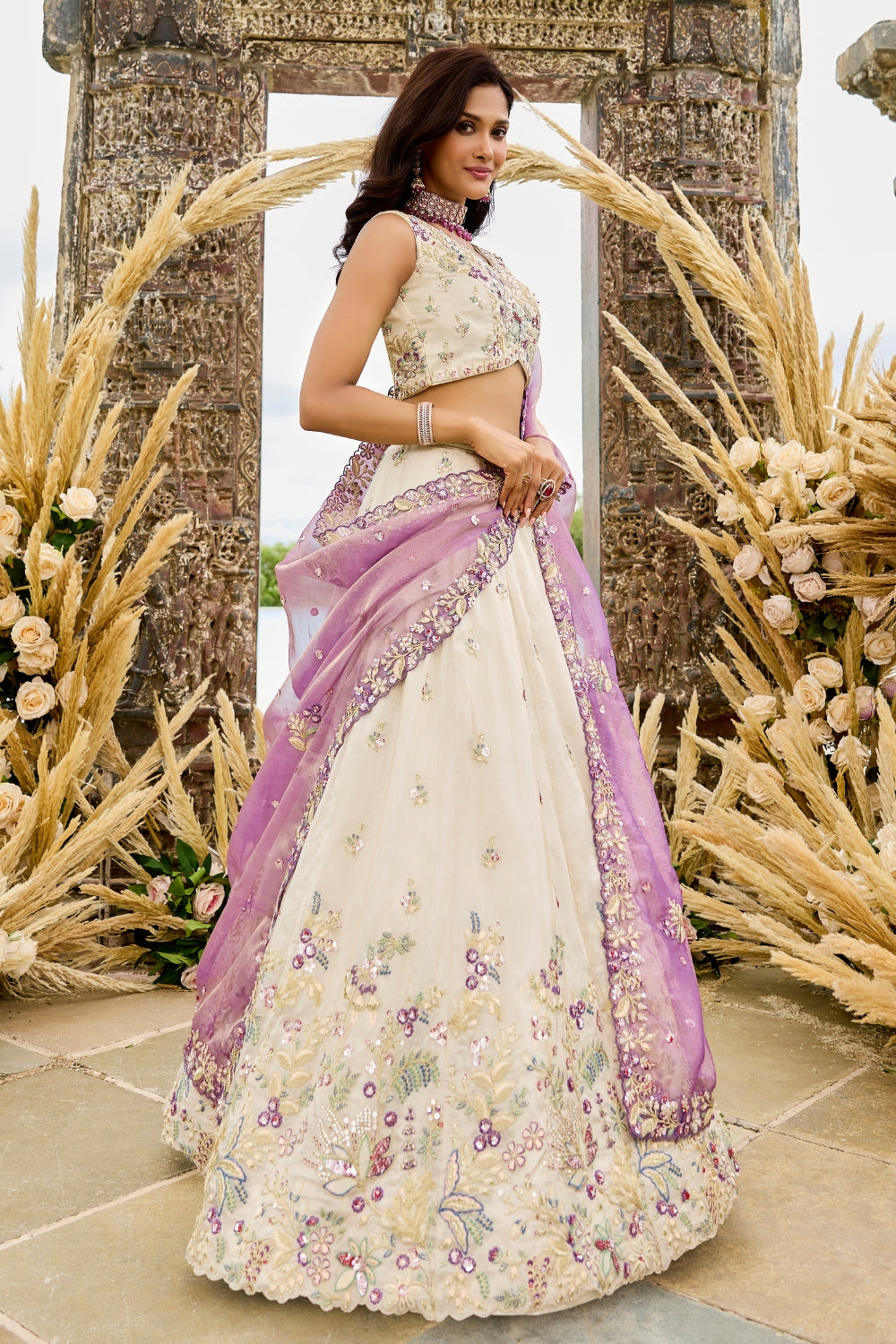 Purple Tissue Lehenga Choli with Resham Embroidery and Sequins Work
