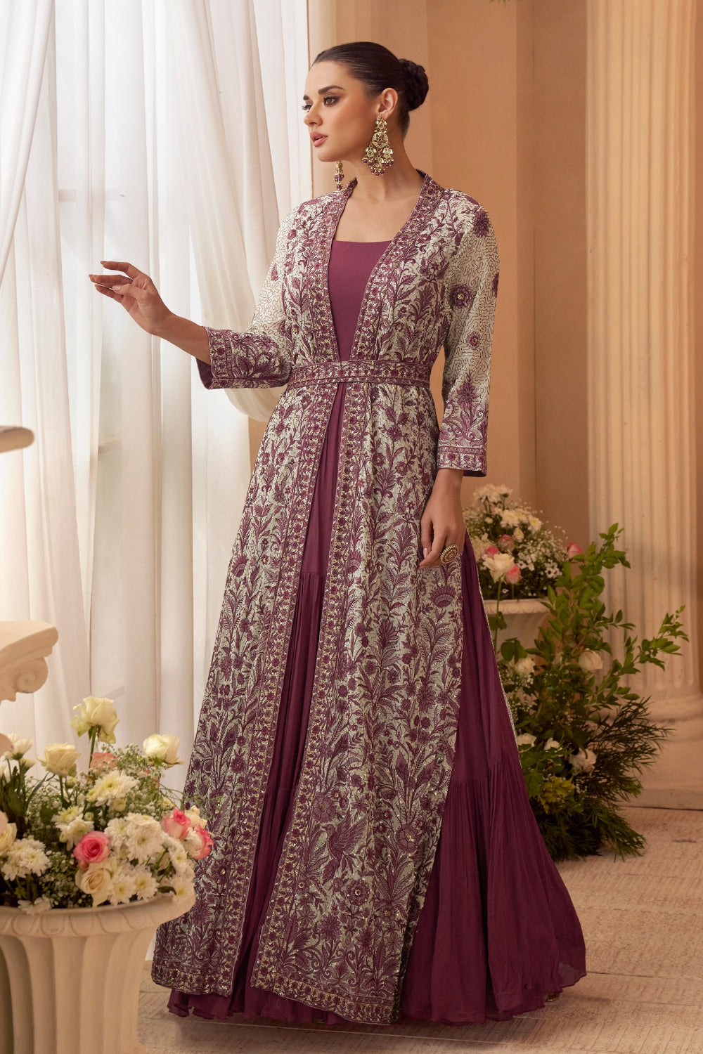 Purple Chinon Anarkali Set with Resham Embroidery and Sequins Work