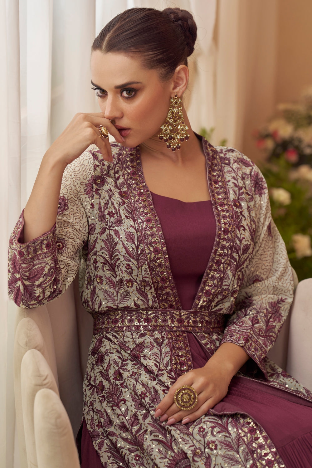 Purple Chinon Anarkali Set with Resham Embroidery and Sequins Work