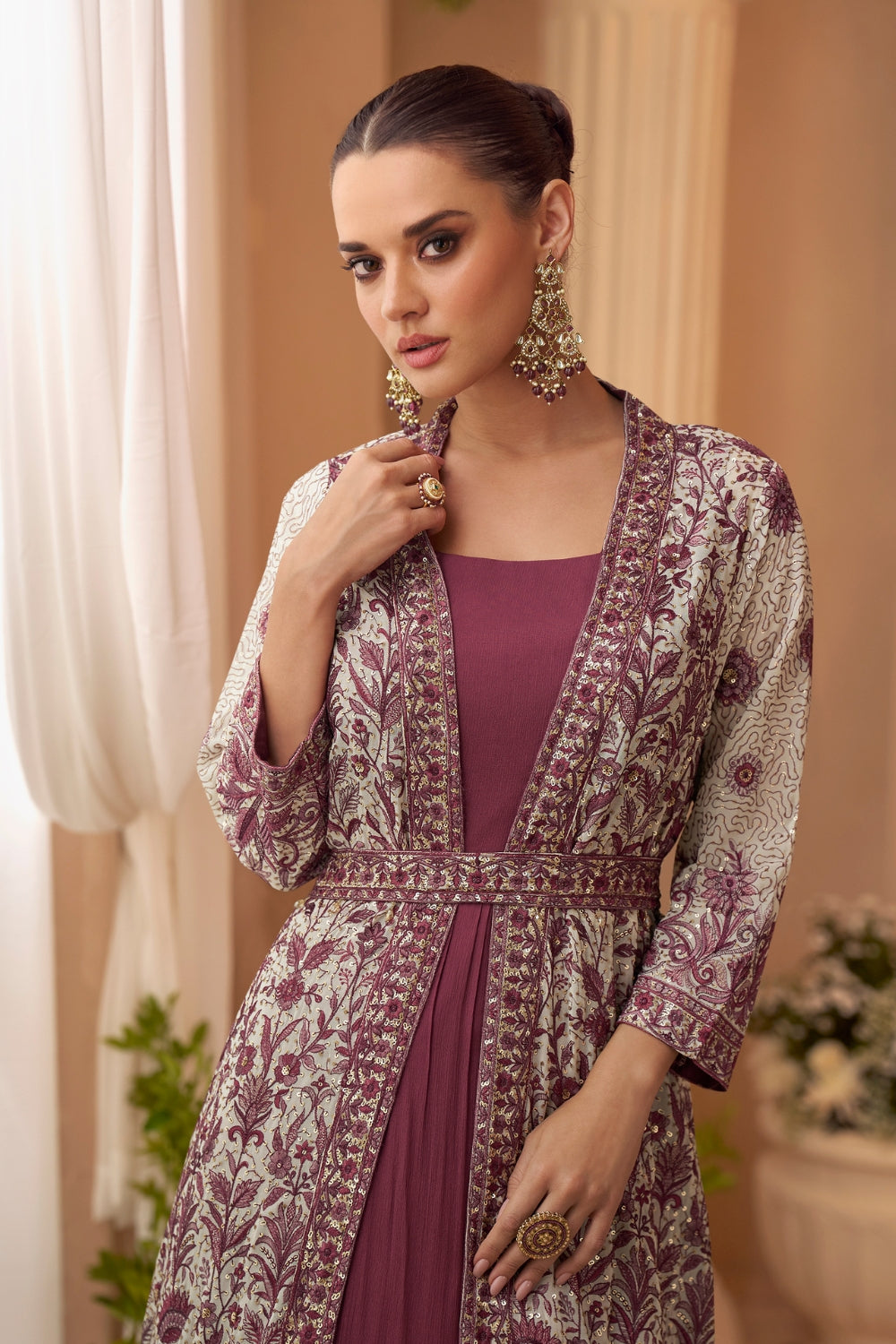 Purple Chinon Anarkali Set with Resham Embroidery and Sequins Work