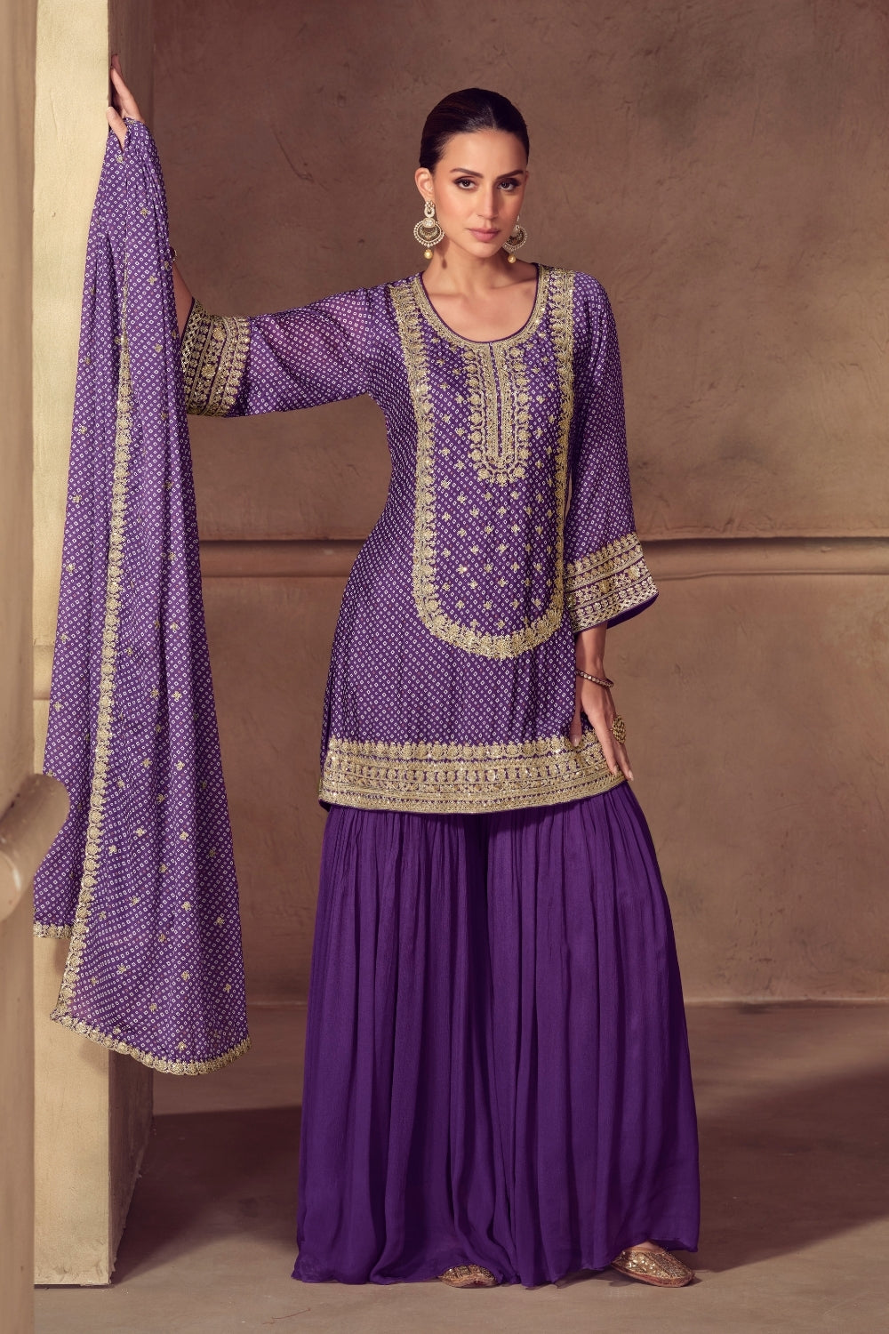 Purple Chinon Silk Embroidered Sharara Suit