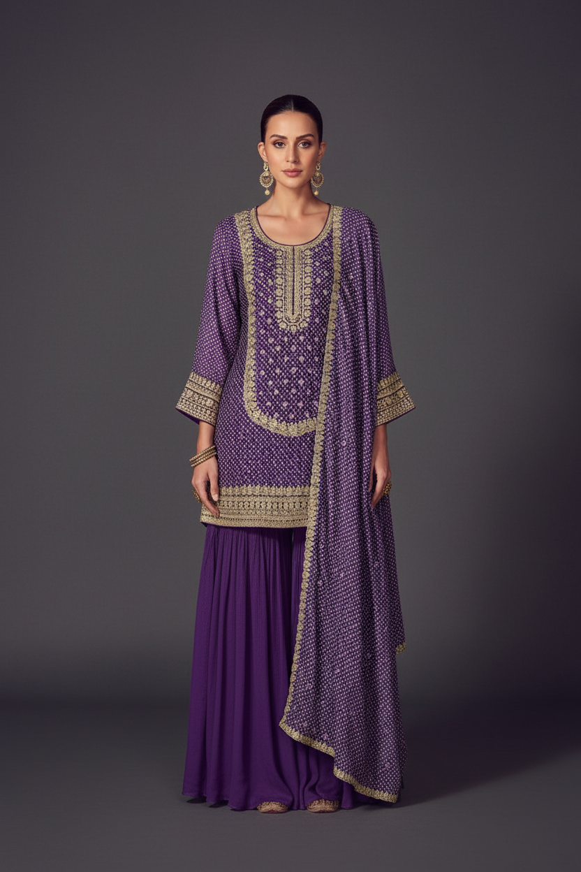 Purple Chinon Silk Embroidered Sharara Suit