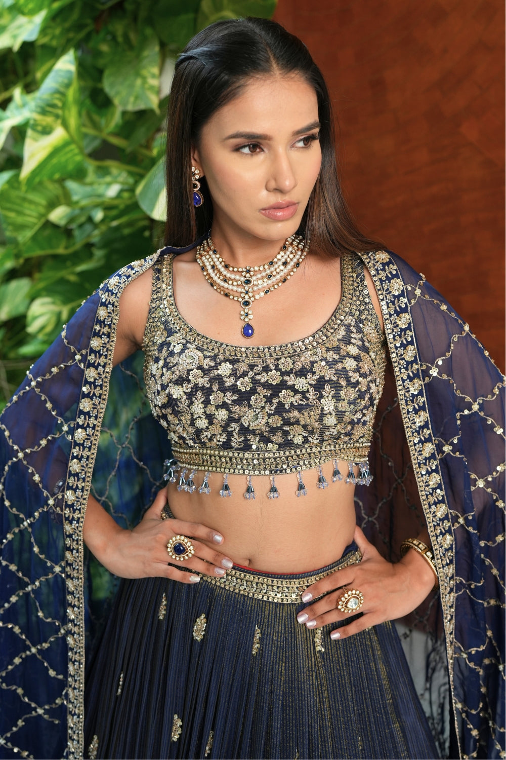 Navy Blue Crush Tissue Lehenga Set with Embroidery and Cutdana Work