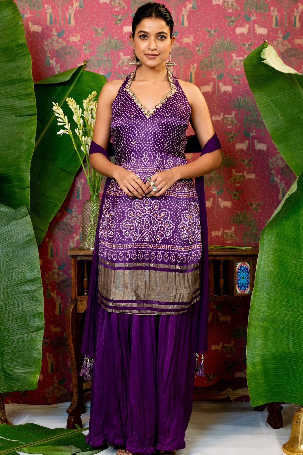 Purple Gaji Silk Suit Set with Cutdana and Stone Work