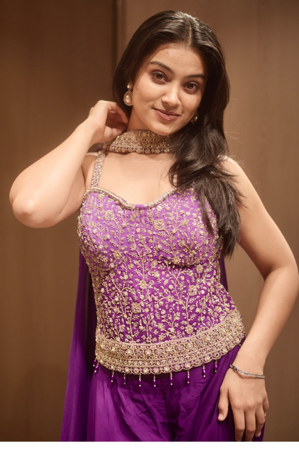 Purple Georgette Indo Western with Moti and Beads Work