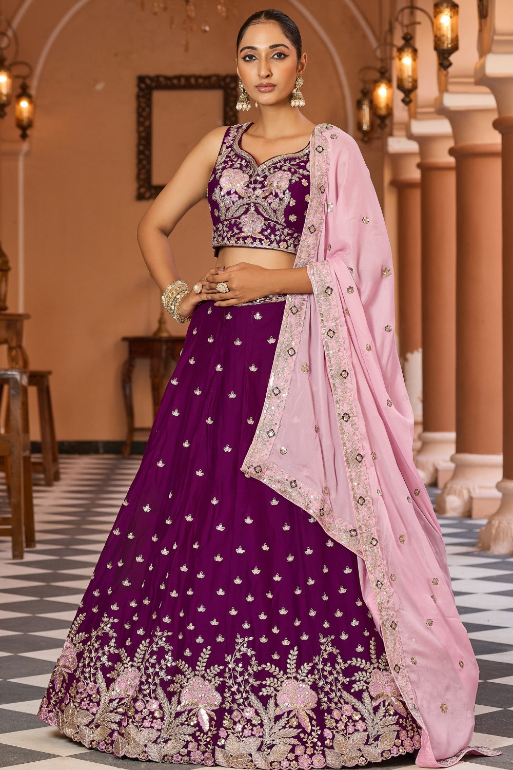 Purple Georgette Lehenga Set with Sequins and Resham Embroidered Work