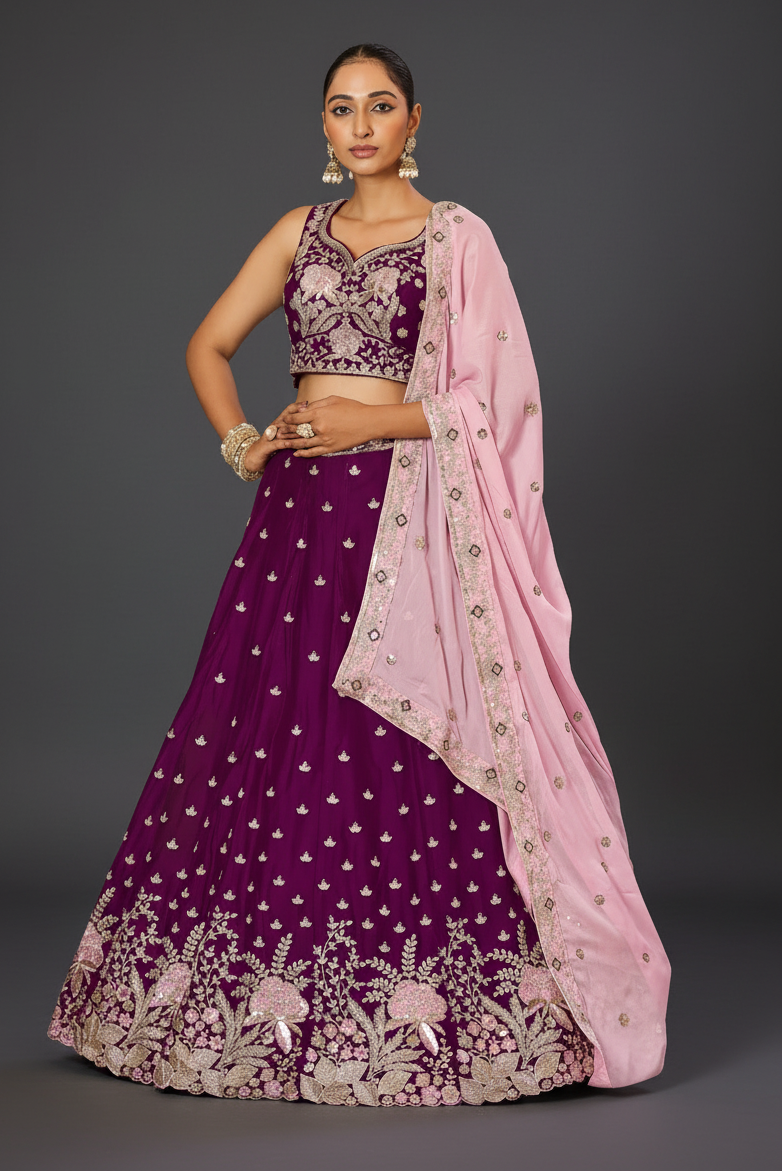 Purple Georgette Lehenga Set with Sequins and Resham Embroidered Work