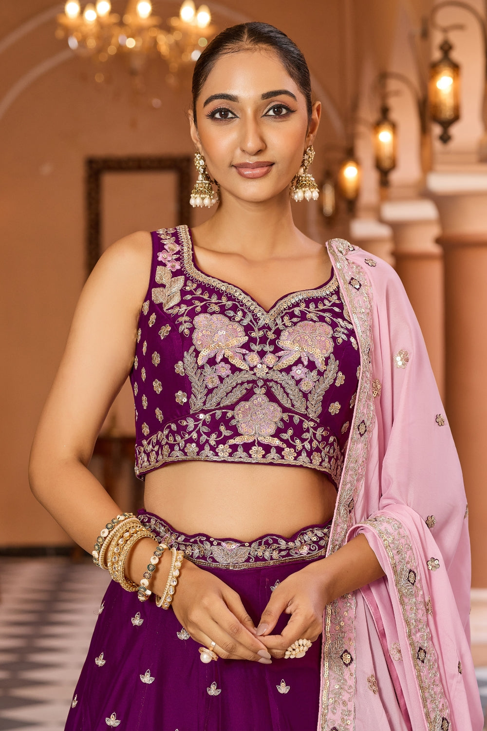 Purple Georgette Lehenga Set with Sequins and Resham Embroidered Work