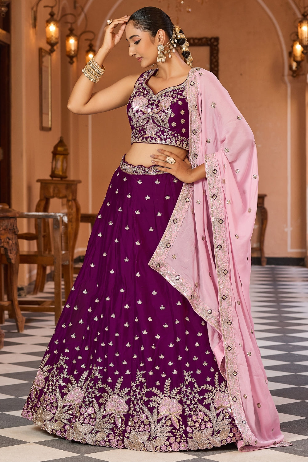 Purple Georgette Lehenga Set with Sequins and Resham Embroidered Work