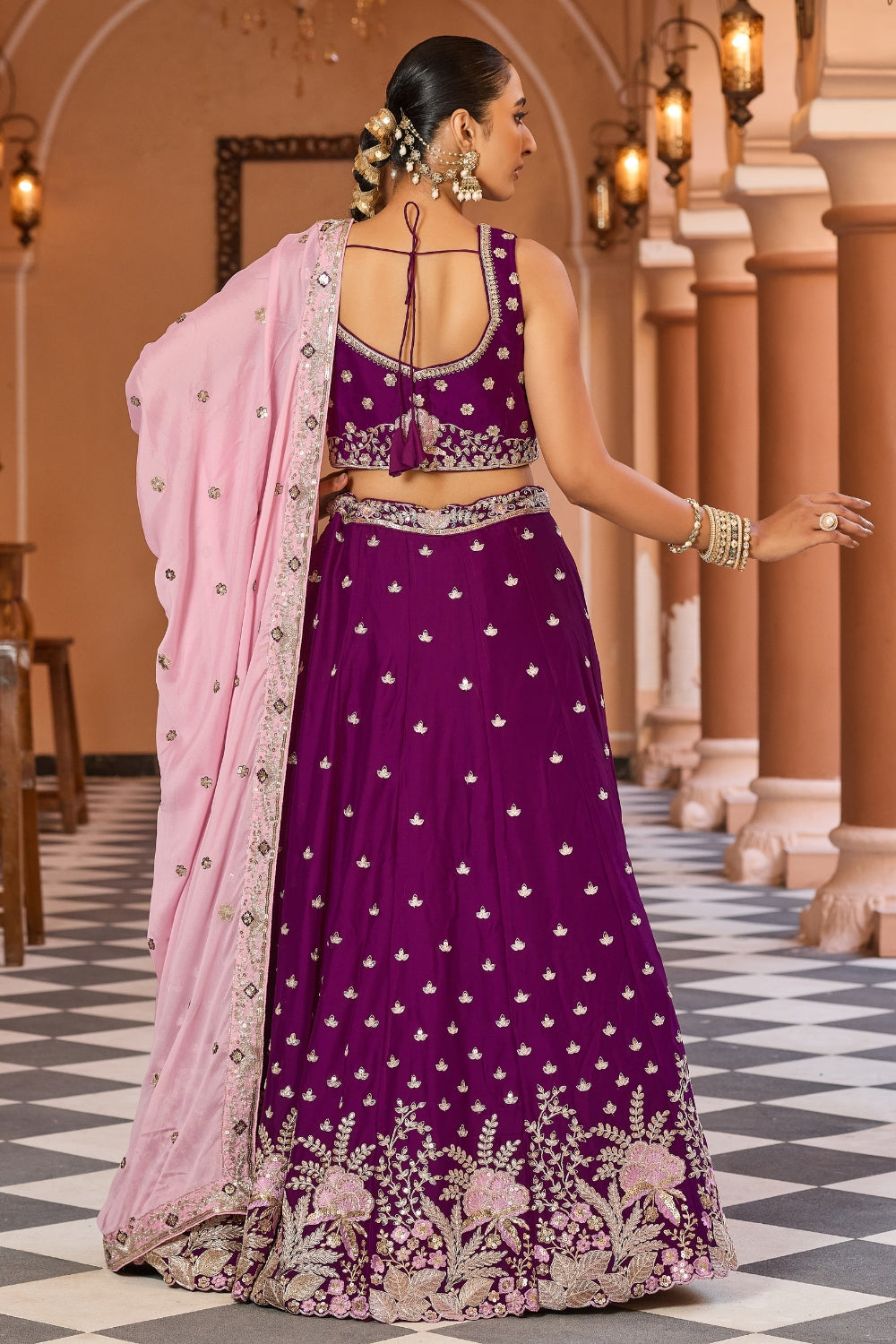 Purple Georgette Lehenga Set with Sequins and Resham Embroidered Work