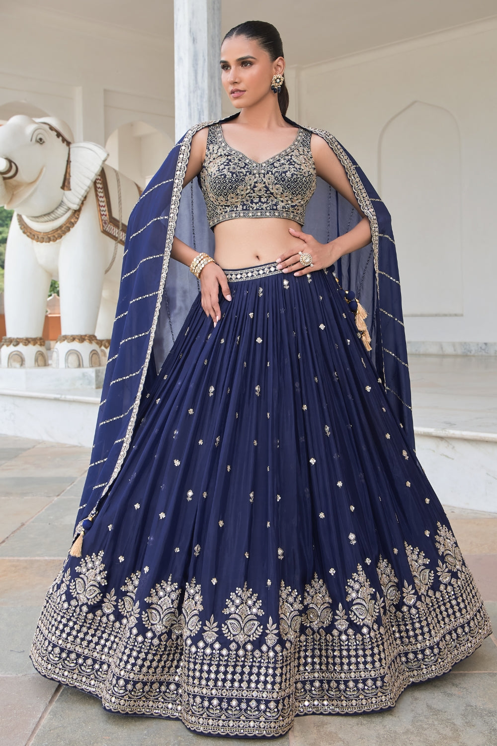 Blue Georgette Lehenga Set with Zardosi and Mirror Work