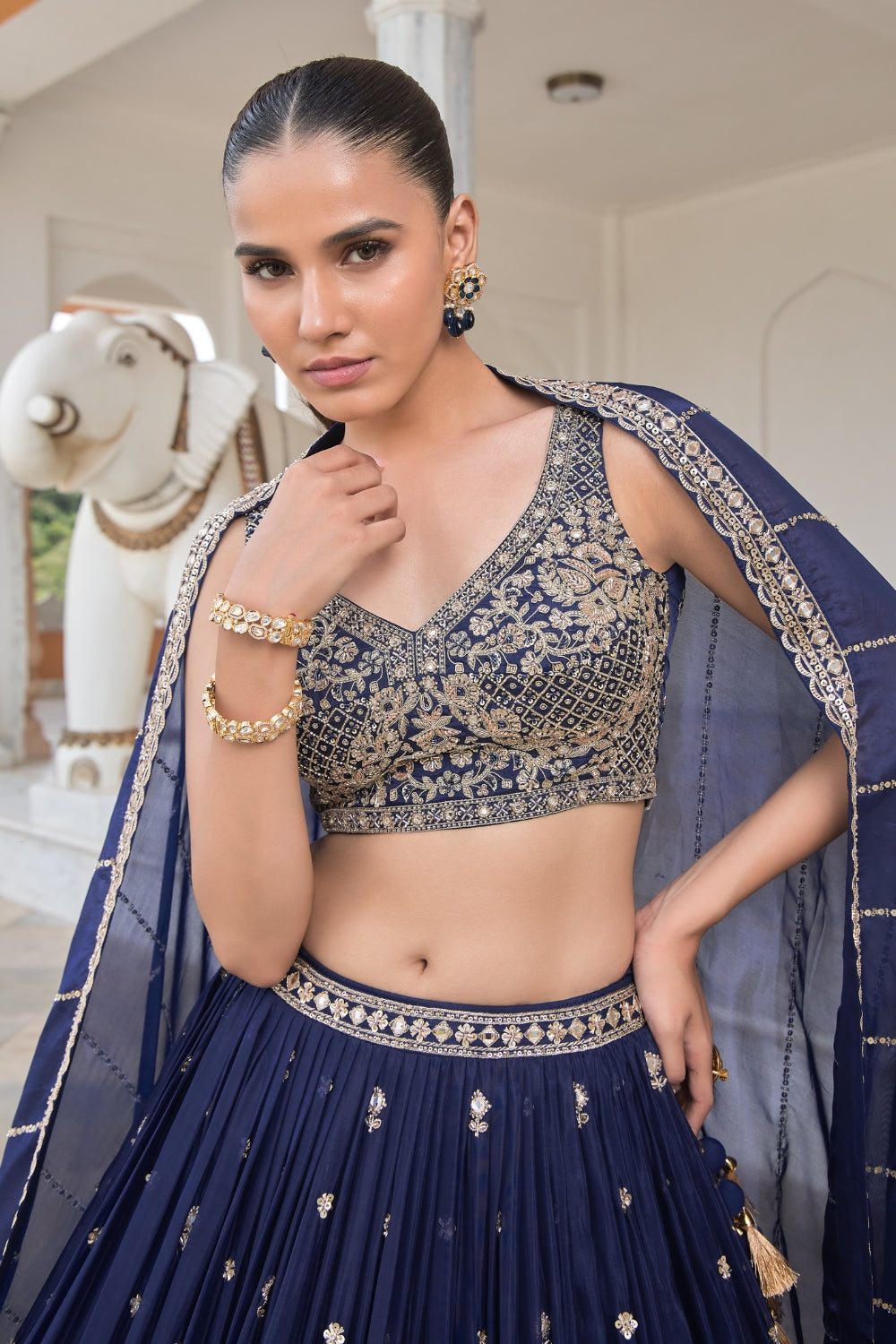 Blue Georgette Lehenga Set with Zardosi and Mirror Work