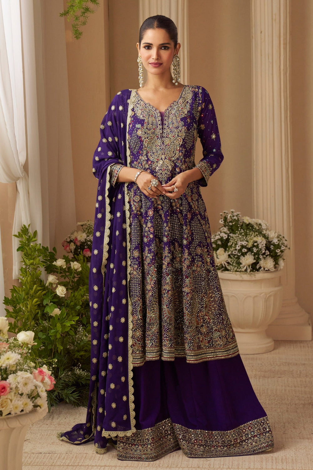 Purple Georgette Palazzo Set with Embroidery and Sequins Work