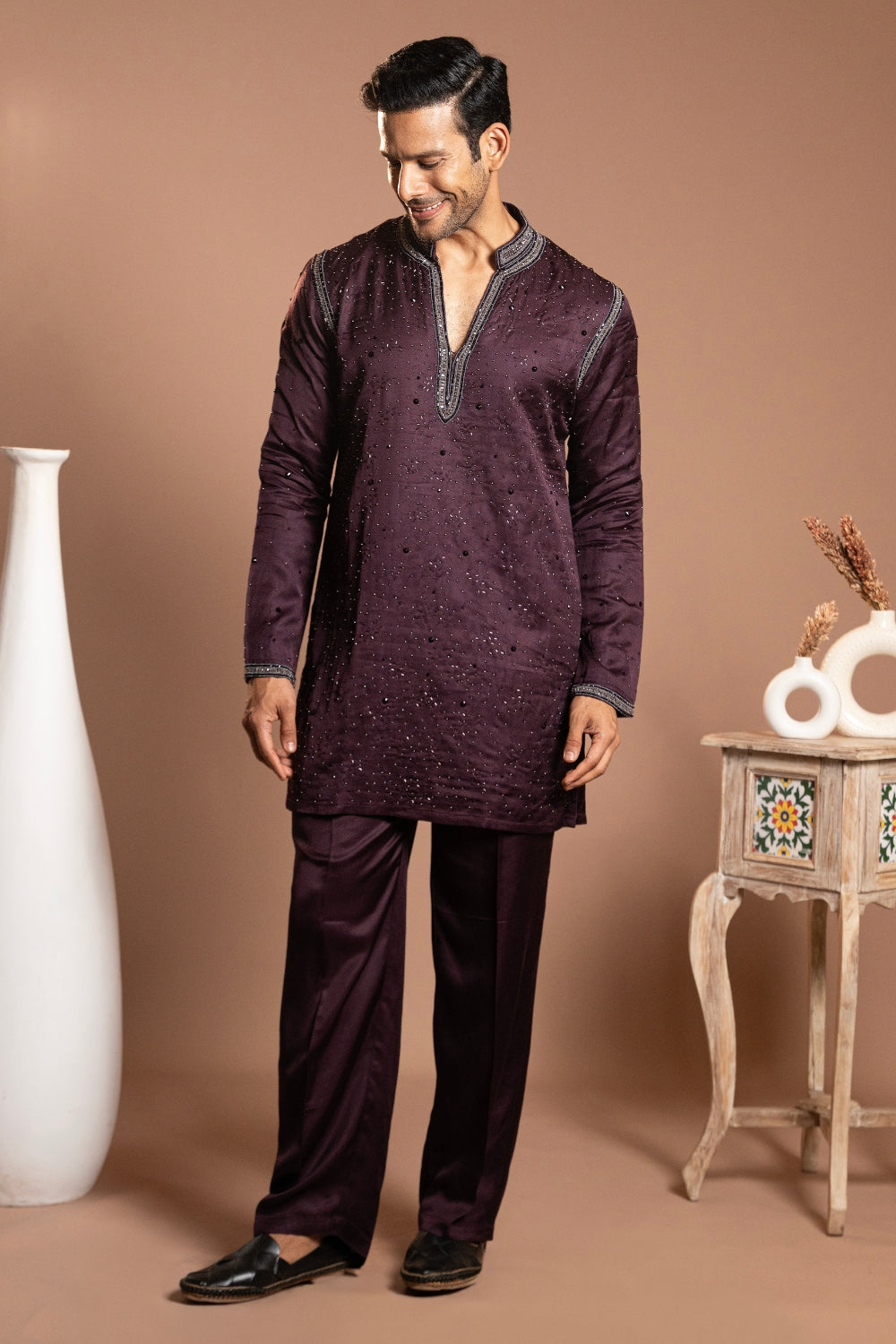 Purple Linen satin Kurta Set with Stone and Sequins Work