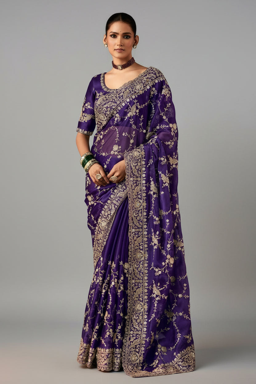 Purple Organza Tissue Saree with Embroidery and Sequins Work
