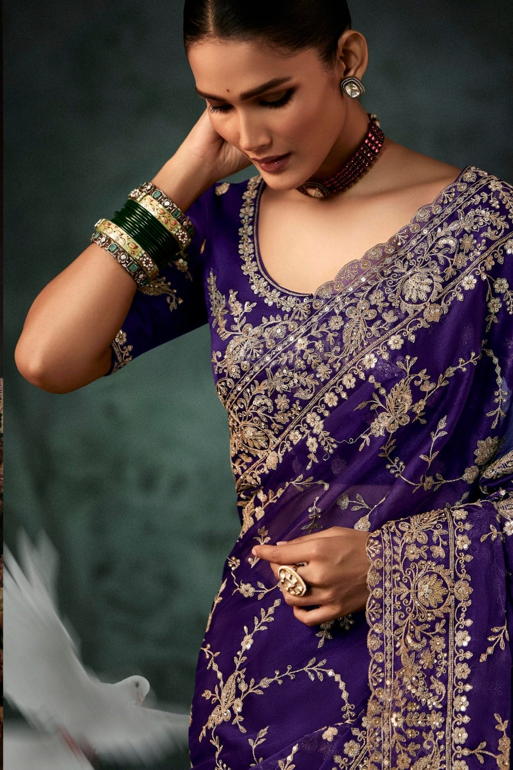 Purple Organza Tissue Saree with Embroidery and Sequins Work