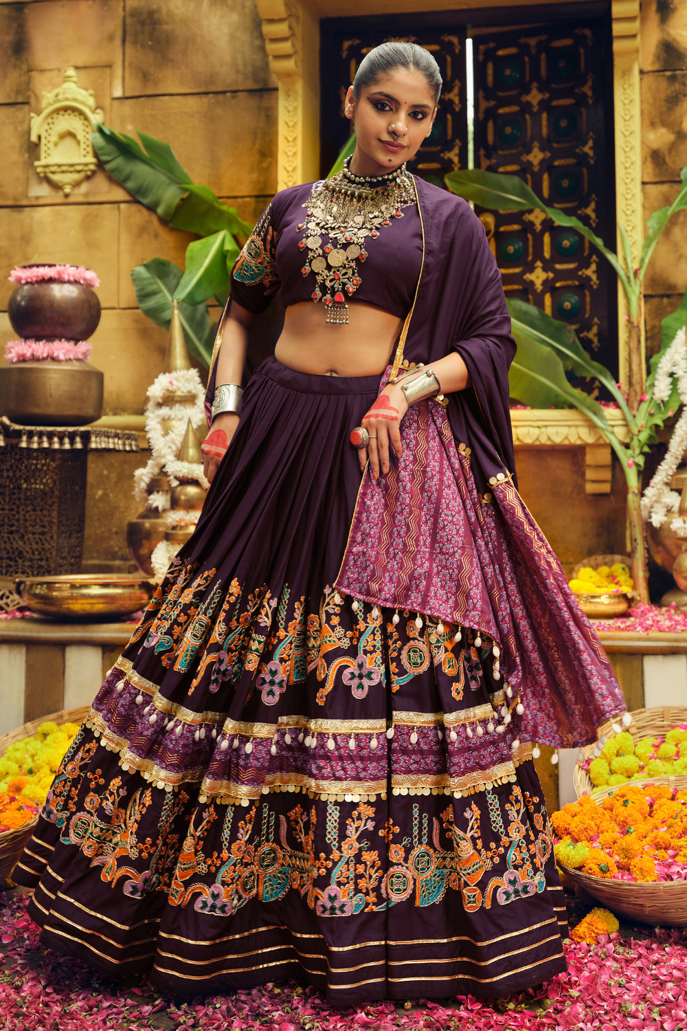 Purple Rayon Printed Navratri Lehenga Choli