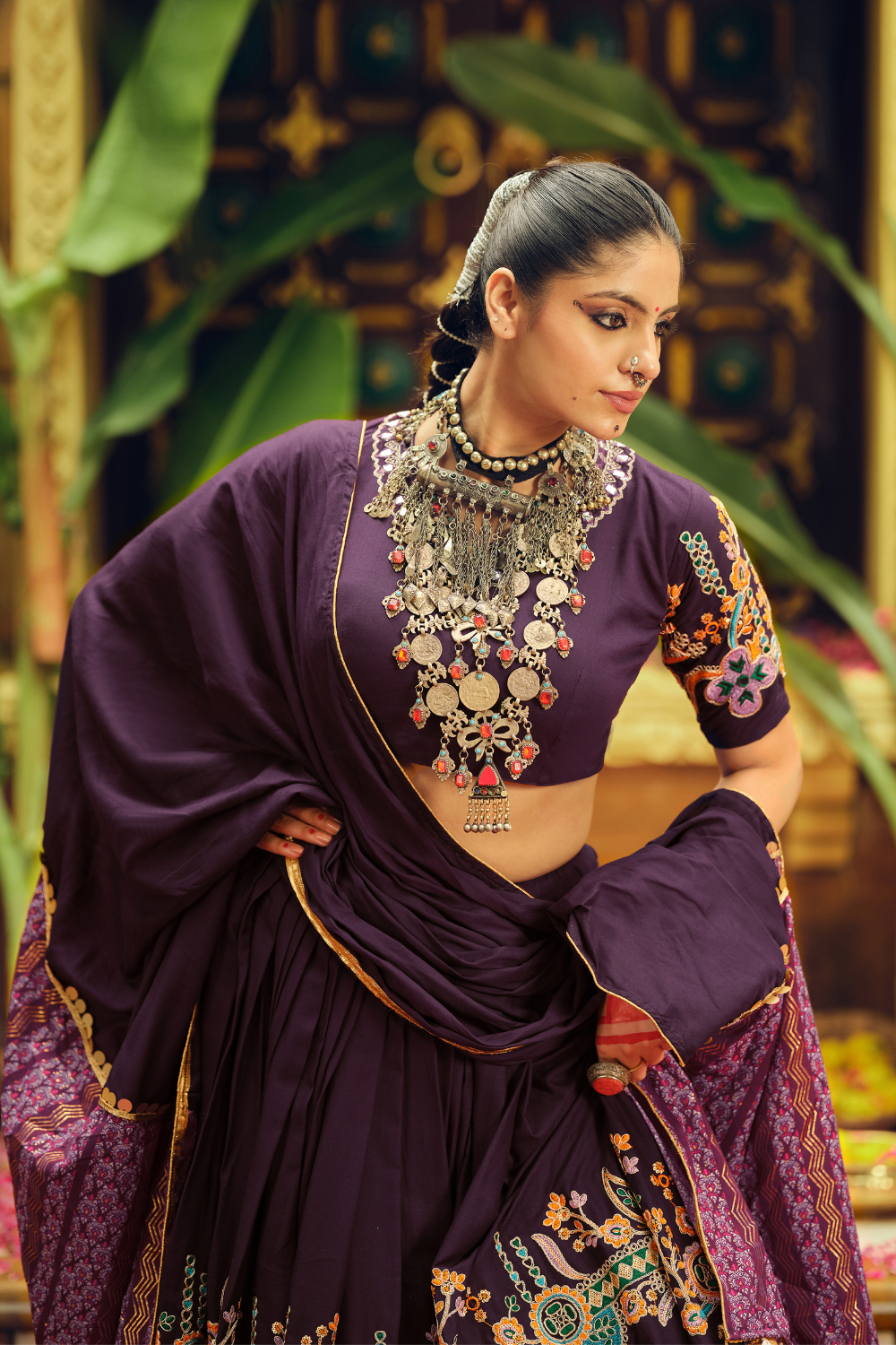 Purple Rayon Printed Navratri Lehenga Choli
