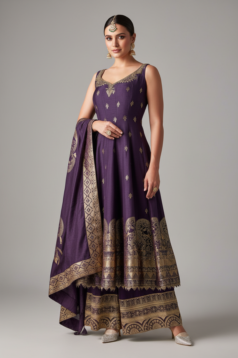 Purple Silk Anarkali Suit with Stone and Cutdana Work